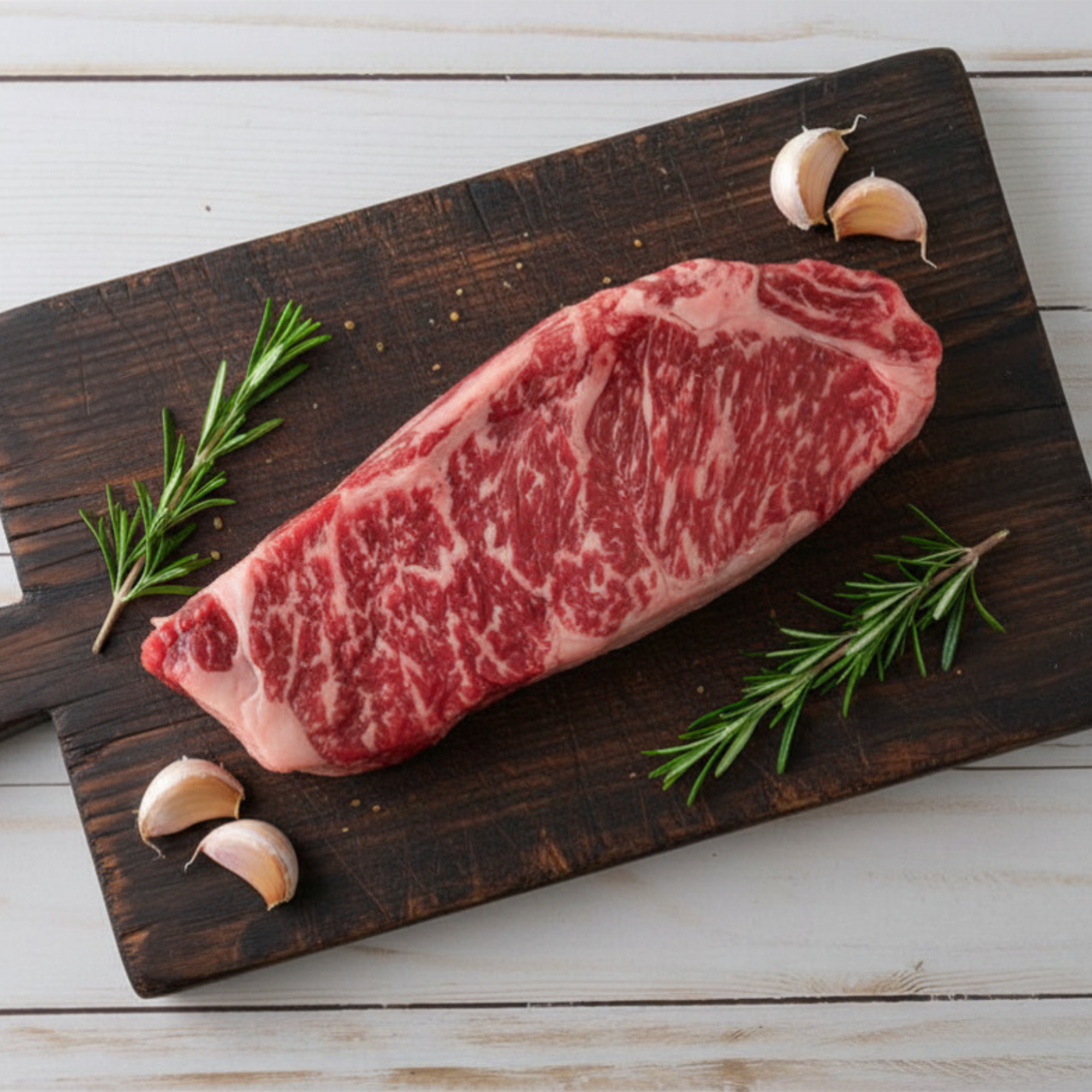 Marbled Black Angus New York strip steak on a butcher board from Whole Cow