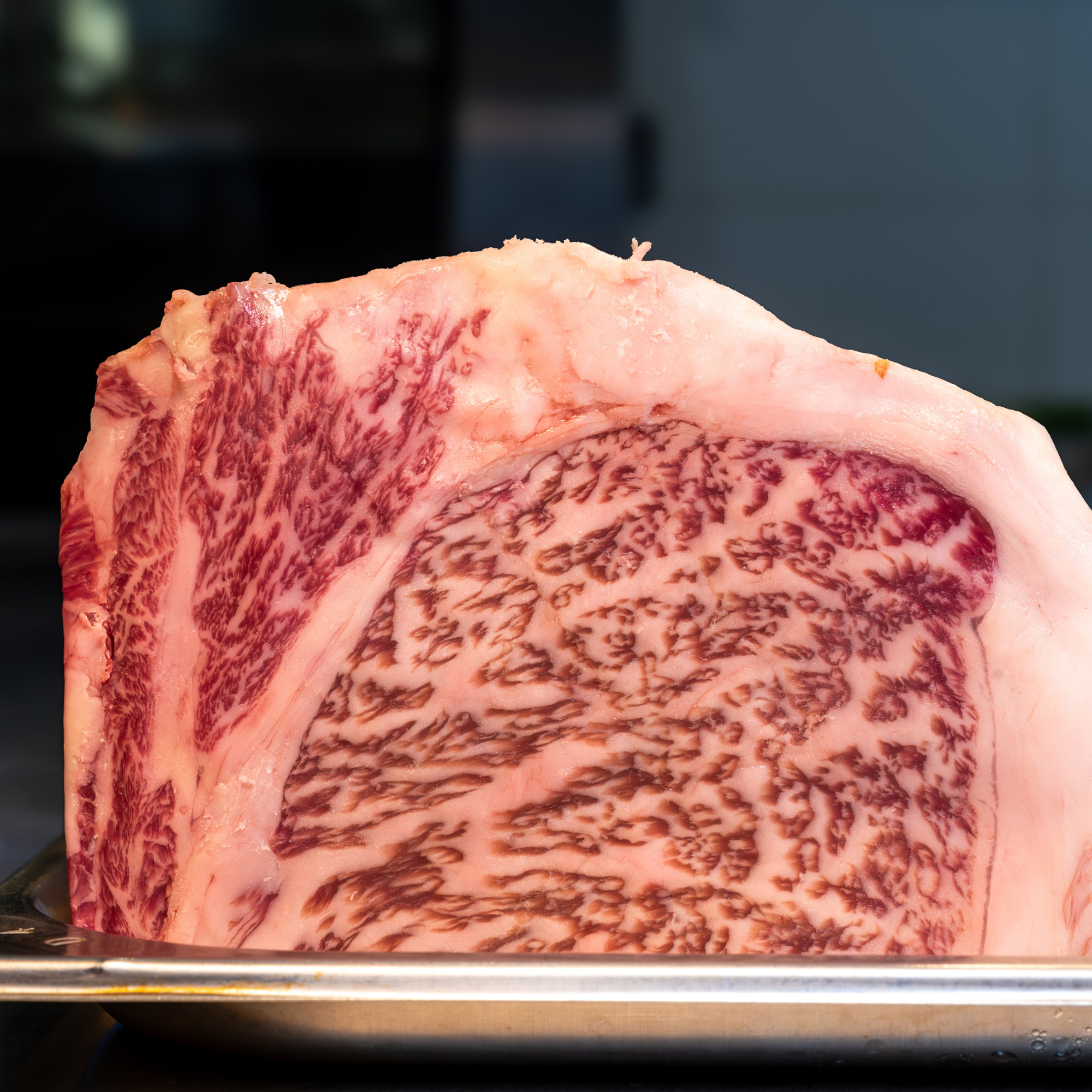 A raw whole primal loin cross-section of 100% Fullblood American Wagyu ribeye displaying dense, web-like intramuscular snowflake marbling at Whole Cow.