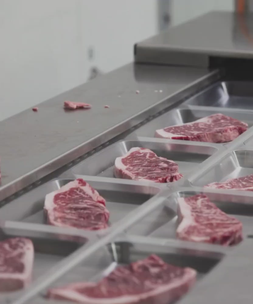 Load video: A close-up look inside the clean Whole Cow processing facility showing an automated cutting machine precisely slicing a premium whole loin into thick, uniform USDA Prime steaks.