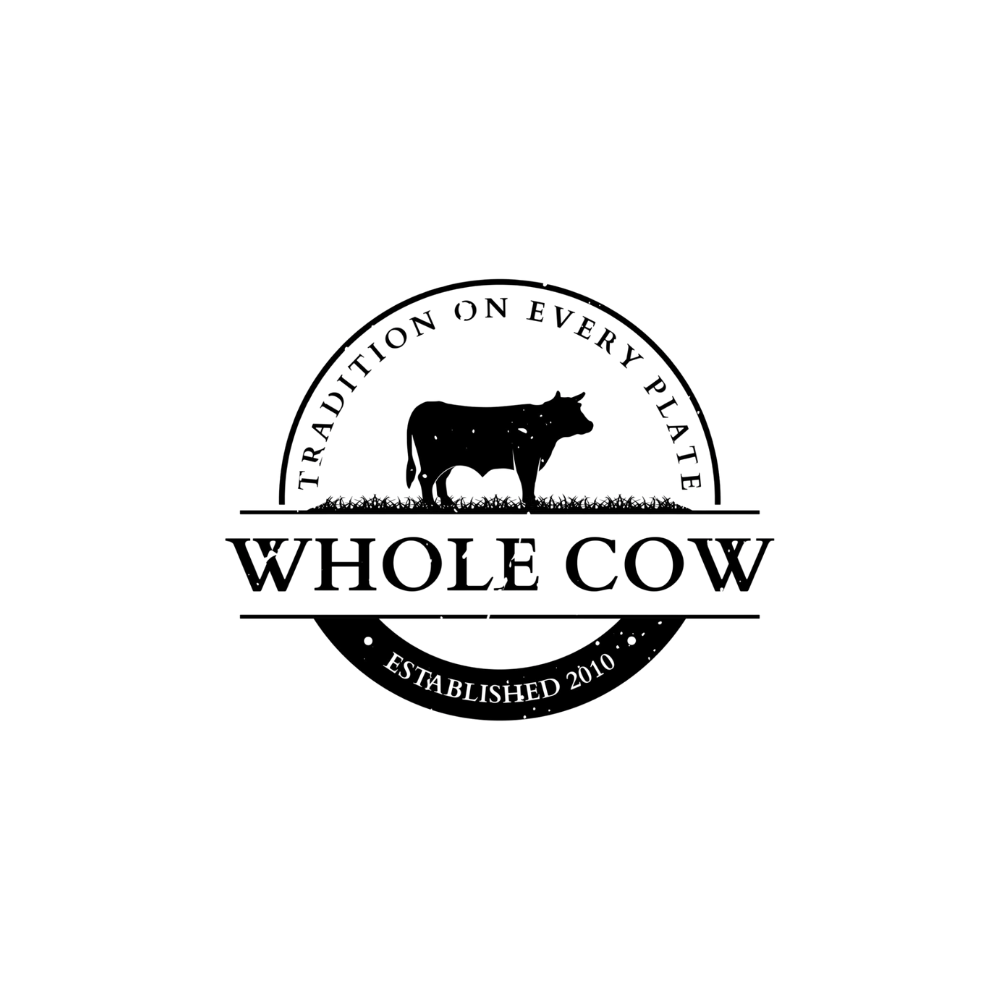 Whole Cow transparent white circular stamp logo for bulk Texas beef packages over dark website headers.